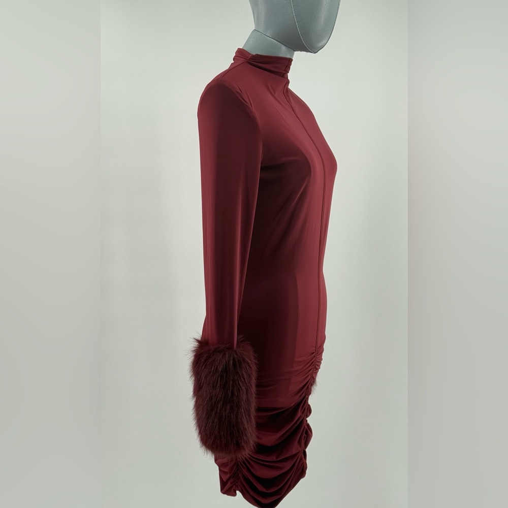 🆕 BRONX & BANCO 🧿 NWOT Eleanor Burgundy Fur Trimmed Mini Dress, Sz L US 8 - Picture 6 of 17